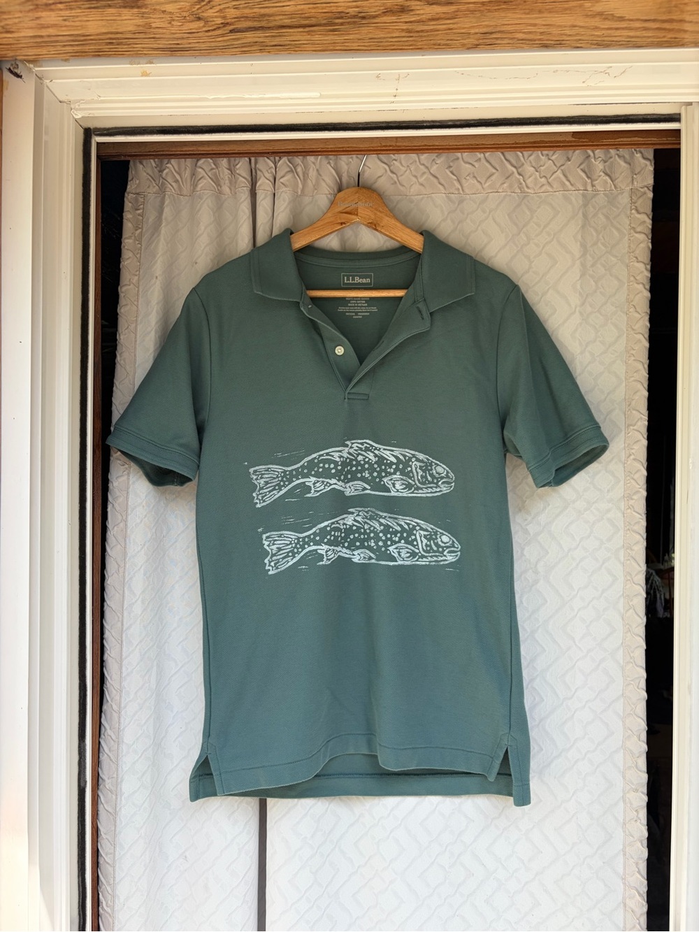 L.L. Bean Men's Seafoam Green Polo with Handmade Fish Print